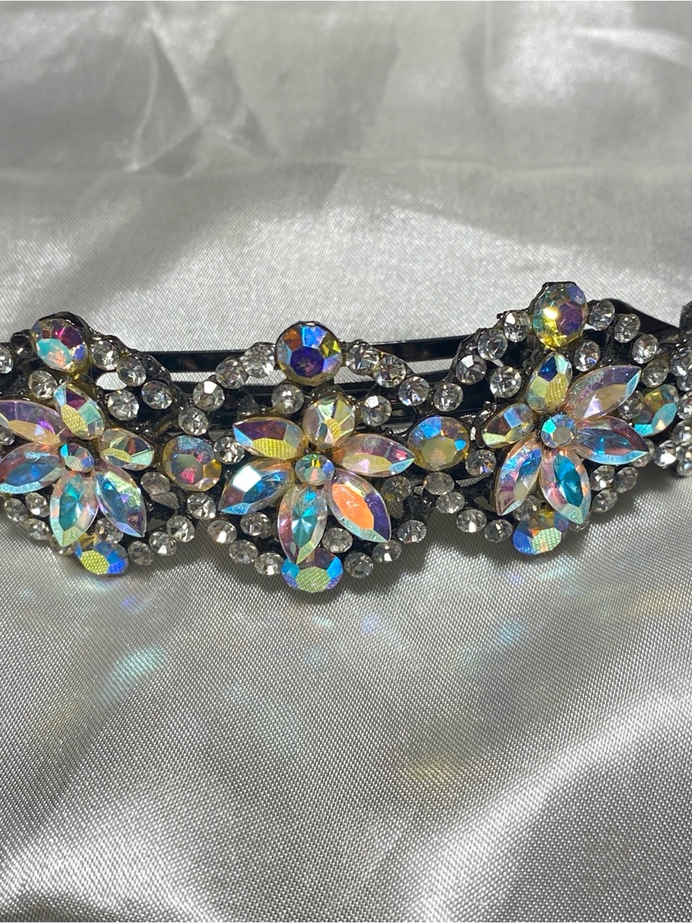 Vintage Marked SNF Crystal Hair Clip Barrette 4 In. Aurora Borealis Wedding Prom